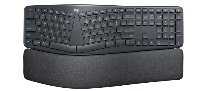 Exemplo de um teclado 'falso ergonômico' com design curvado, mas que ainda utiliza o layout QWERTY e Staggered.