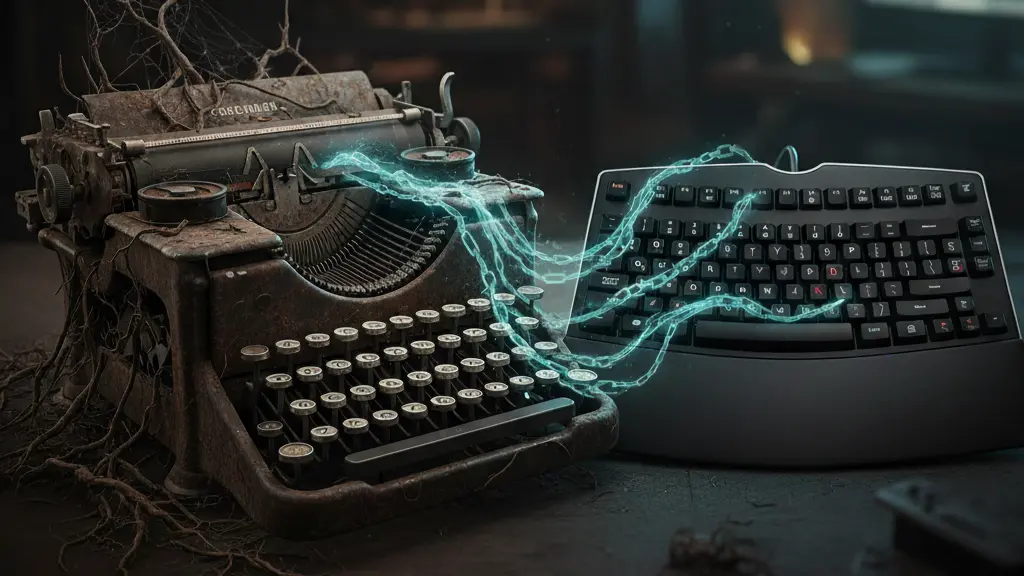 Ilustração de uma antiga máquina de escrever, enferrujada e com teias de aranha, conectada a um teclado de computador moderno por correntes de energia azul brilhante. A cena simboliza a 'maldição herdada', onde o design obsoleto da máquina de escrever ainda influencia os teclados atuais.
