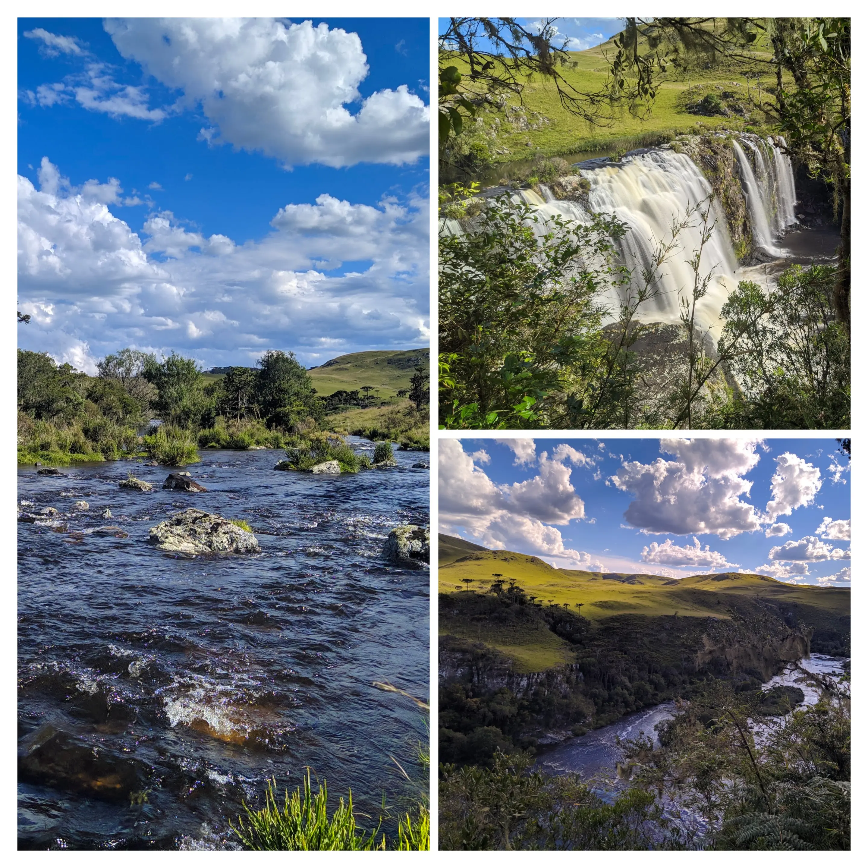 Colagem de fotos de paisagens com cores vibrantes e saturadas, mostrando céu azul intenso e vegetação verde artificial.